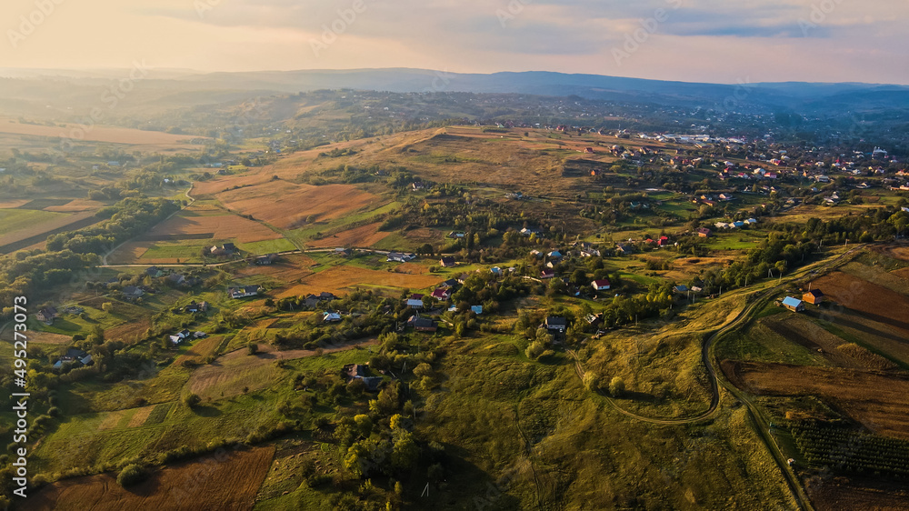 Landscape of a field and a village of western Ukraine. Aerial view.