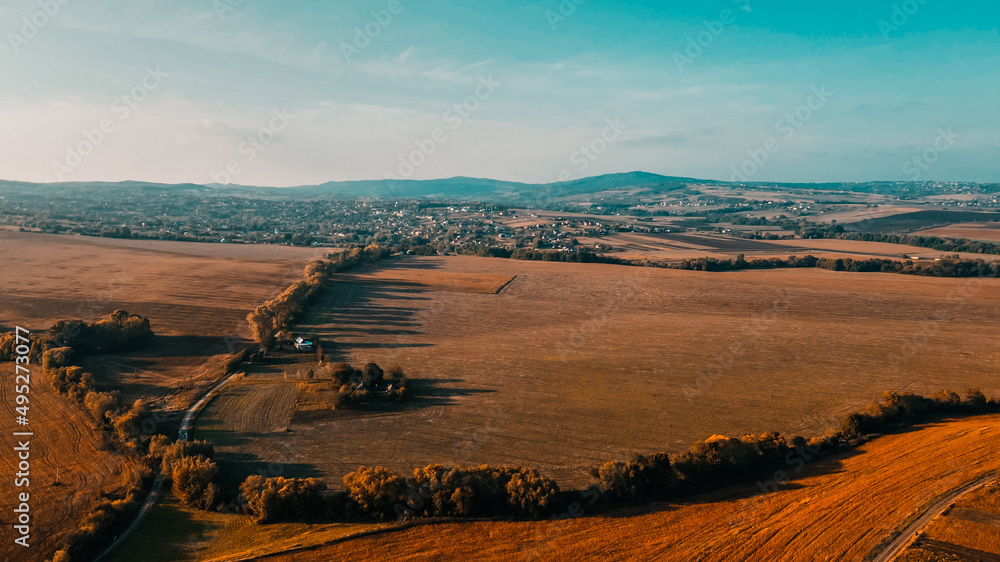 Fototapeta premium Landscape of a field and a village of western Ukraine. Aerial view