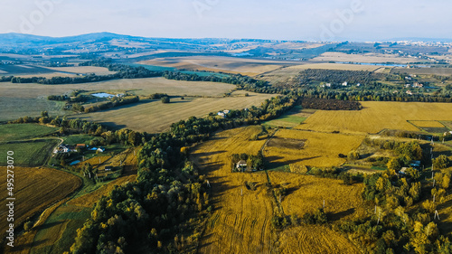 Flight over the fields behind the western Ukrainian village Aerial view