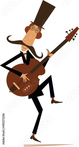 Cartoon long mustache guitarist is playing music illustration. 
Mustache man in the top hat playing guitar isolated on white background
