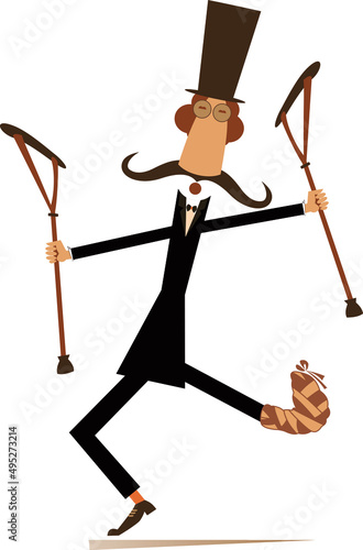 Happy cartoon man, bandage on the leg, crutches illustration. 
Cheerful long mustached gentleman in the top hat with bandage on the leg dancing with crutches and looks happy isolated on white