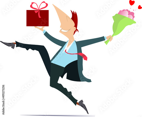 Running man holding a bunch of flowers and present box illustration. 
Heart symbol. Smiling man hurries to give to woman a bunch of flowers and a present isolated on white background

