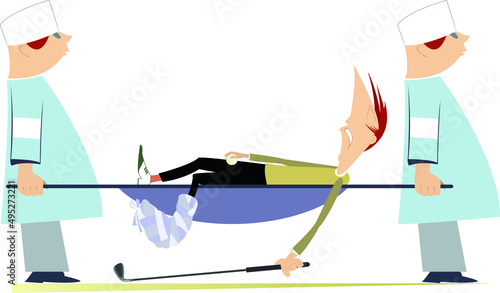 Injured golfer, two physicians with a stretcher illustration. Two physicians carry injured golfer man with bandage on the leg in a stretcher isolated on white background