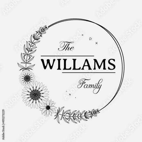 family monogram frame with floral decoration vector illustration, emblem badge monogram with blank space for family, greeting and wedding