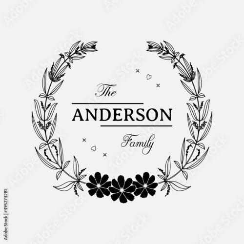 family monogram frame with floral decoration vector illustration, emblem badge monogram with blank space for family, greeting and wedding