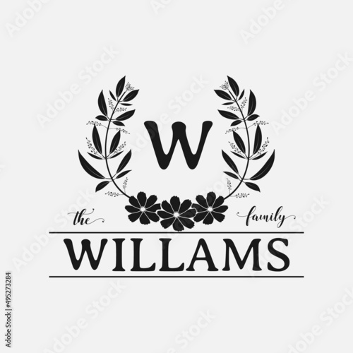 family monogram frame with floral decoration vector illustration, emblem badge monogram with blank space for family, greeting and wedding