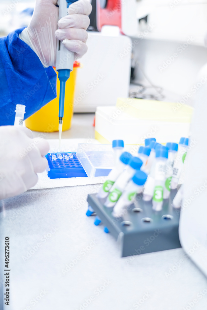 Hand in laboratory Air displacement micro pipettes filling a colorless reaction tube. Hand in laboratory Air displacement micro pipettes filling a colorless reaction tube.