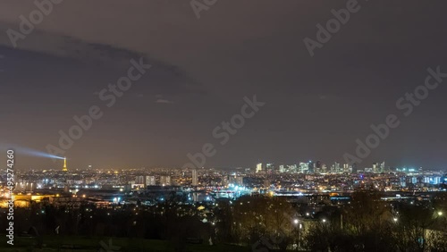 Cityscape of Paris at Night From Above Eiffel Tower and La Defense District