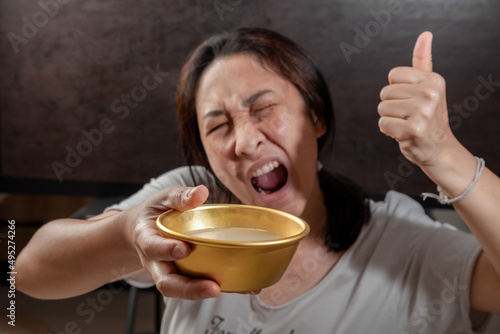 Asian women enjoying drinking makgeolli to celebrate. Makgeolli rice wine is a Korean fermented alcoholic beverage traditional drinks. photo