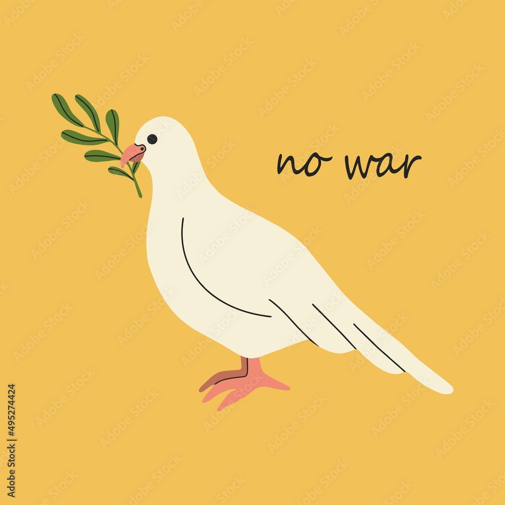 A symbol of peace. Dove with an olive branch on a yellow background. The concept of the world. Bird boho naive hand drawn style. Flat design, cartoon, vector illustration. All elements are isolated. A symbol of peace. Dove with an olive branch on a yellow background. The concept of the world. Bird boho naive hand drawn style. Flat design, cartoon, vector illustration. All elements are isolated.