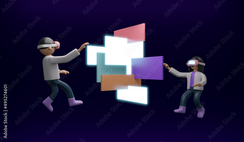 3D Rendering of girl boy with visual reality glasses sharing information platform concept of VR Metaverse technology. 3D Render illustration cartoon style. 3D Rendering of girl boy with visual reality glasses sharing information platform concept of VR Metaverse technology. 3D Render illustration cartoon style.