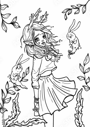 Adorable cartoon girl with pointed ears and horns, with her hair fluttering in the wind, in a skirt and a blouse with a large bow. A cute magical character with two little kind ghost hares and plants.