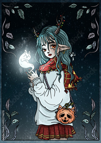 Fotografie Fairytale character with horns and pointed ears, cartoon girl with big eyes and long hair, cute little dryad with magical ghost-kitten, kind fabulous schoolgirl in pleated skirt with cat pumpkin bag