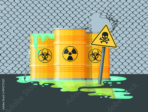 Barrels hazard liquid. Radioactive contamination of industrial waste, hazardous chemical materials, toxic environmental pollution, barrel danger substance vector. Illustration of radioactive pollution