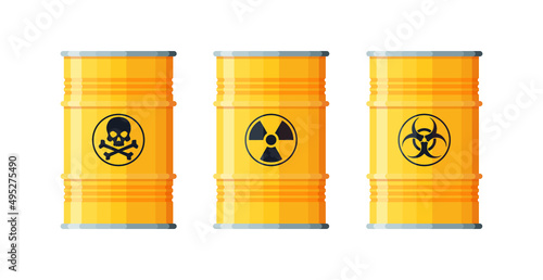 Barrels with dangerous chemical liquid. Safe tank for hazardous radioactive substances vector illustration isolated on white background.