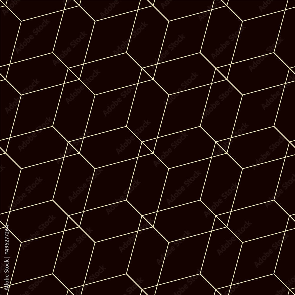 Volume cube seamless pattern. Art deco style. Black abstract print. Golden geometric shape. Vector stock illustration