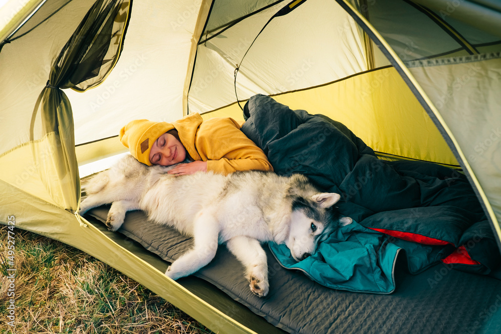 Young beautiful woman in camp tent hugging Siberian husky. Human and animal  friendship concept Stock Photo | Adobe Stock