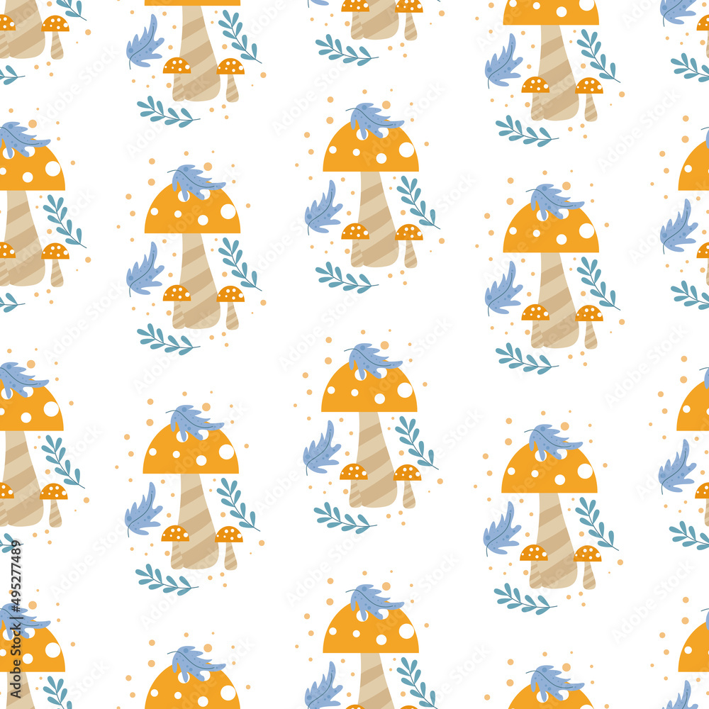 Seamless pattern with cute orange mushroom vector illustration in cartoon style