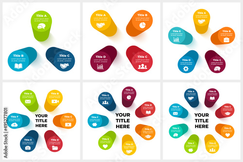 3D Vector Perspective Infographics Pack. Cycle diagrams. Presentation templates pack. Circle column charts. 3, 4, 5, 6, 7, 8 steps, options.