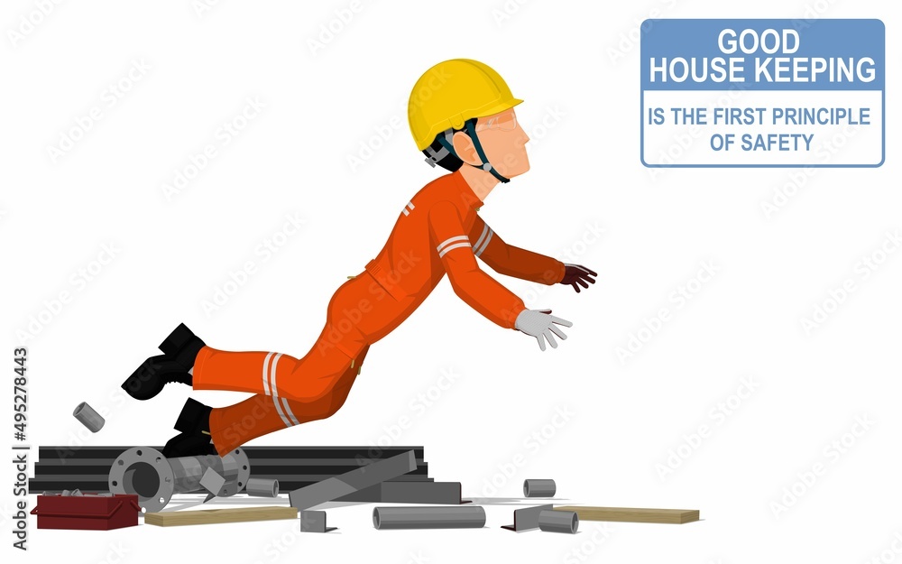 An industrial worker is stumbling down in the messy workplace An industrial worker is stumbling down in the messy workplace