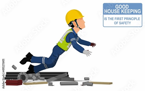 An industrial worker is stumbling down in the messy workplace