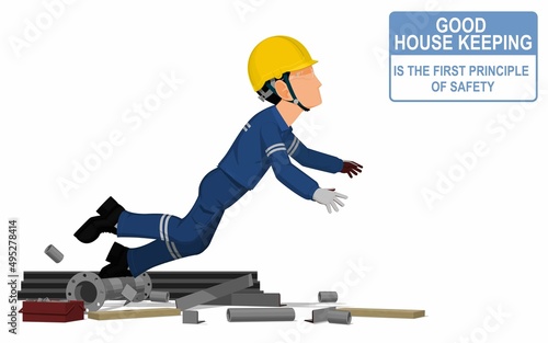 An industrial worker is stumbling down in the messy workplace