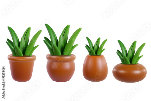 Set green plants in pot isolated on white background. Collection realistic modern minimal design elements. 3d vector illustration.