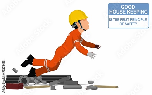 An industrial worker is stumbling down in the messy workplace