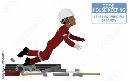 An industrial worker is stumbling down in the messy workplace