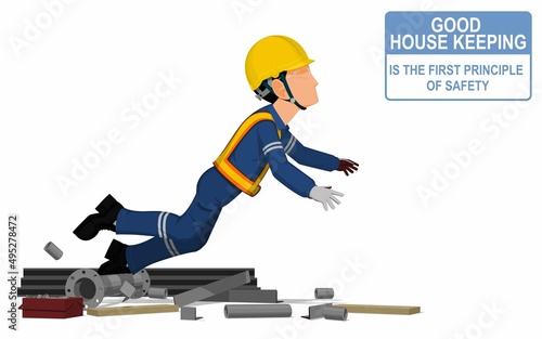 An industrial worker is stumbling down in the messy workplace