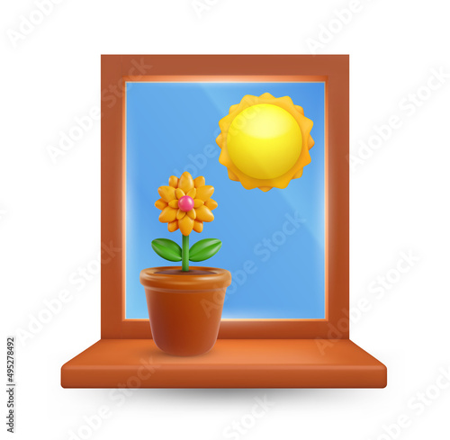 Beautiful flower in pot on wood window isolated on white background. Realistic modern minimal design element. 3d vector illustration.