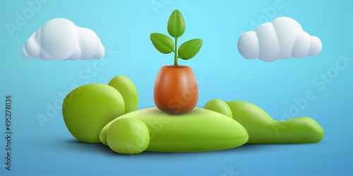 Green plant in pot isolated on blue background with grass hill or island, cloud and sun. Realistic modern minimal design element. 3d vector illustration.