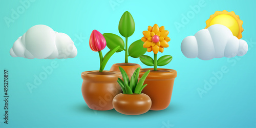 Collection of flower plants in pot isolated on blue background with cloud and sun. Set realistic modern minimal design elements. 3d vector illustration.