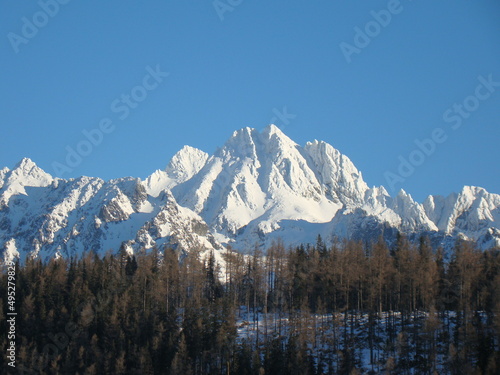 Beautiful mountains in winter season covered with snow, beautiful blue sky and pine trees. High Tatras, Slovakia, High Tatras