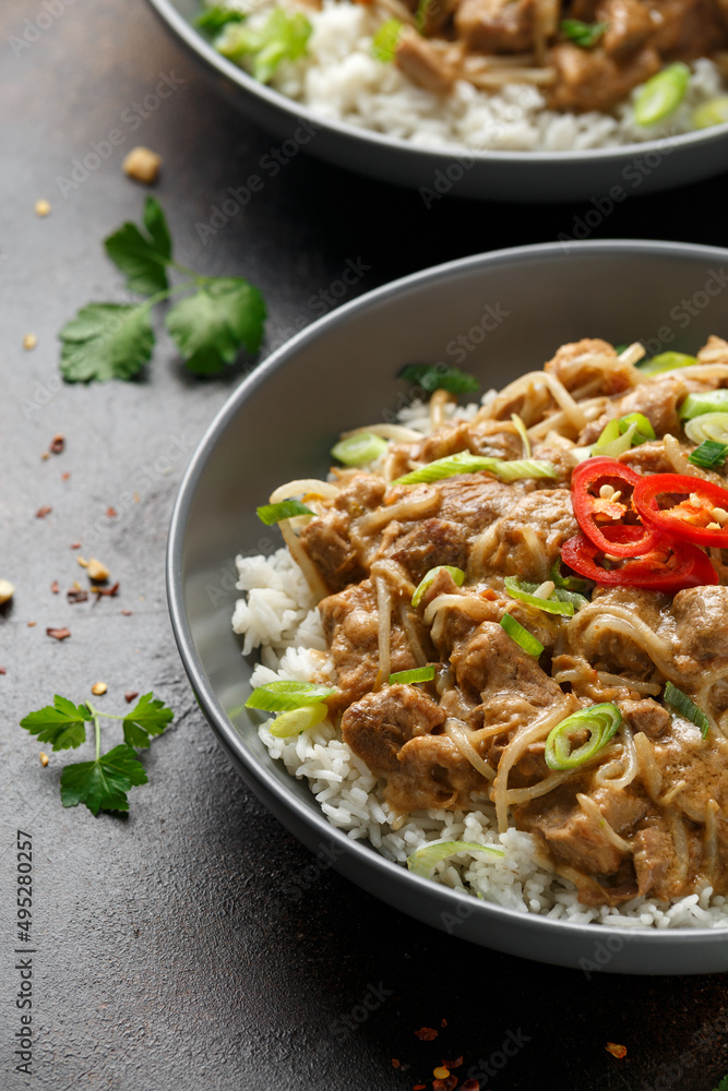 Thai style peanut pork with bean sprouts and rice. Asian food