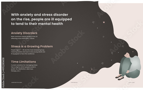 Investor pitch deck slide for presentation slide template. Mobile app for meditation featuring calm colors and illustrations. Vector illustration for layout design