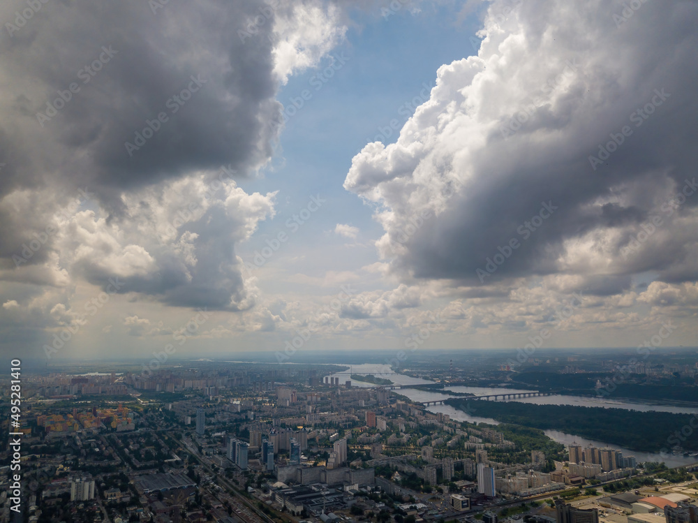 Fototapeta premium High flight over Kiev. Cloudy day. Aerial drone view.