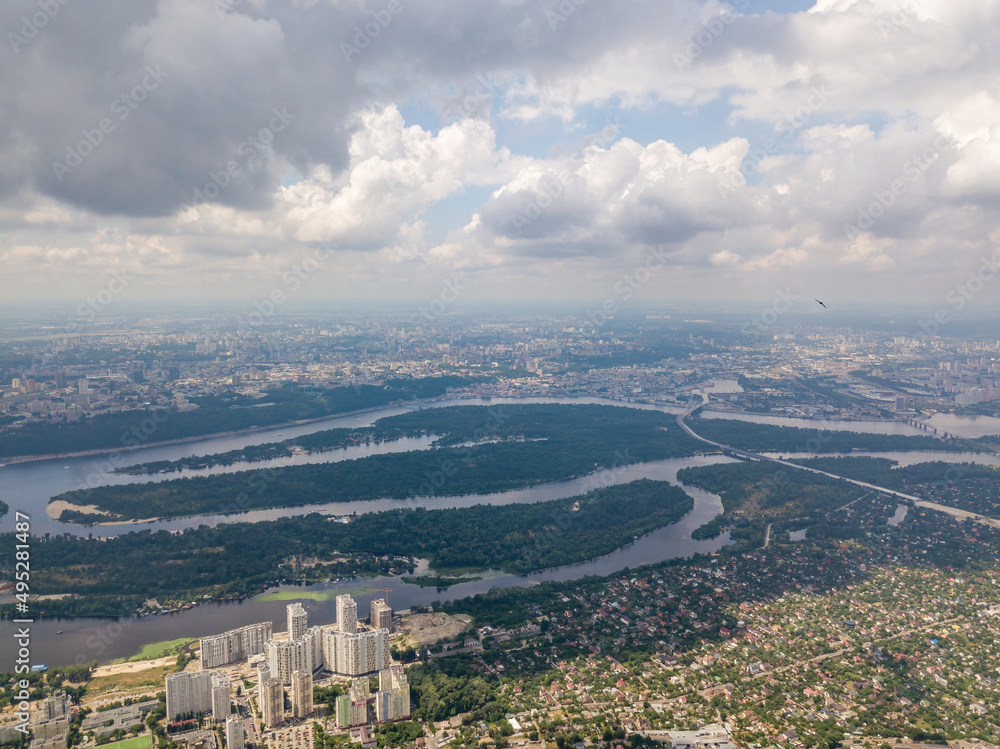 Obraz premium High flight over Kiev. Cloudy day. Aerial drone view.