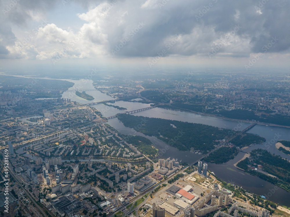 High flight over Kiev. Cloudy day. Aerial drone view.
