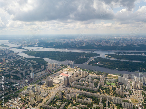 High flight over Kiev. Cloudy day. Aerial drone view.