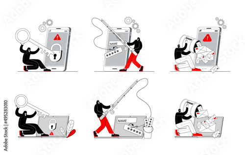 A hacker is engaged in phishing on laptop or smartphone. The thief opens the protection of computer and phone. A set of illustrations with characters on the topic of cybercrime.