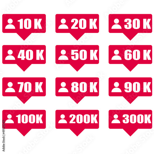 red icon 10k 20k 30k 40k 50k 60k 70k 80 k 90k 100k 200k 300k followers notification. Social media. number of subscribers vector image