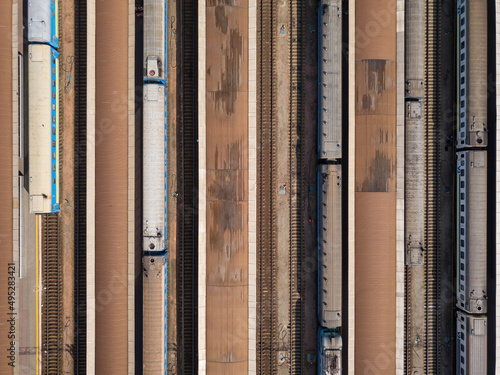 Railway station in the city. Aerial drone top view.