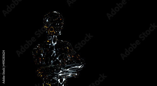 Mannequin in a frozen pose on a black background. Frozen posture. Metal mannequin. 3d rendering.