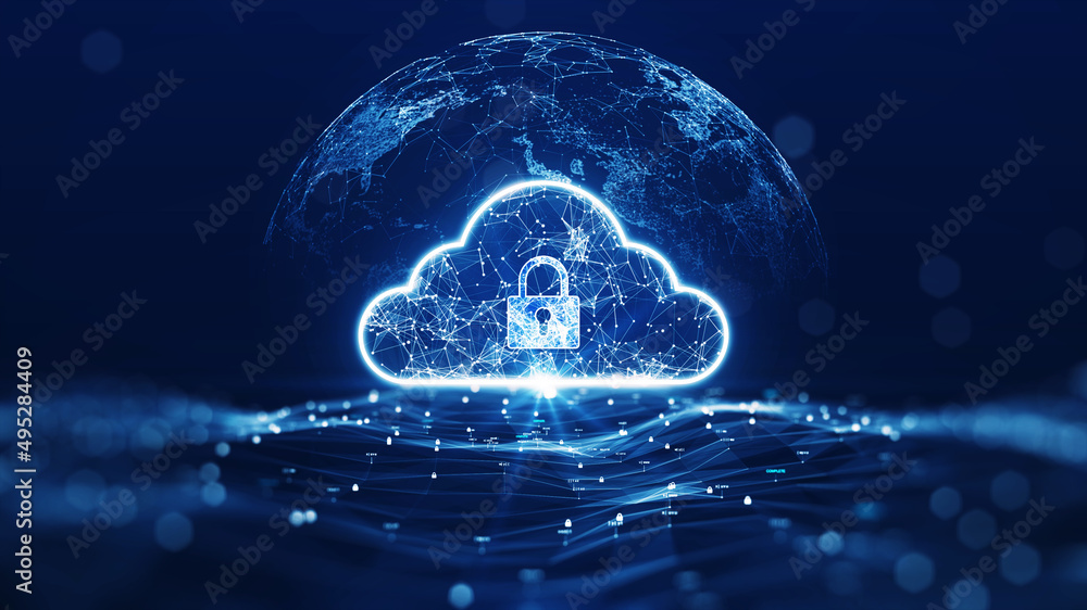cloud computing technology concept transfer database to cloud. There is a large cloud icon that stands out in the center of the abstract world above the polygon with a dark blue background. - obrazy, fototapety, plakaty 