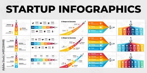 Startup vector infographic. Rocket launch. Presentation slide template. Spaceship fly. Business success diagram chart. Timeline roadmap 3, 4, 5, 6, 7, 8 options, steps. World map.