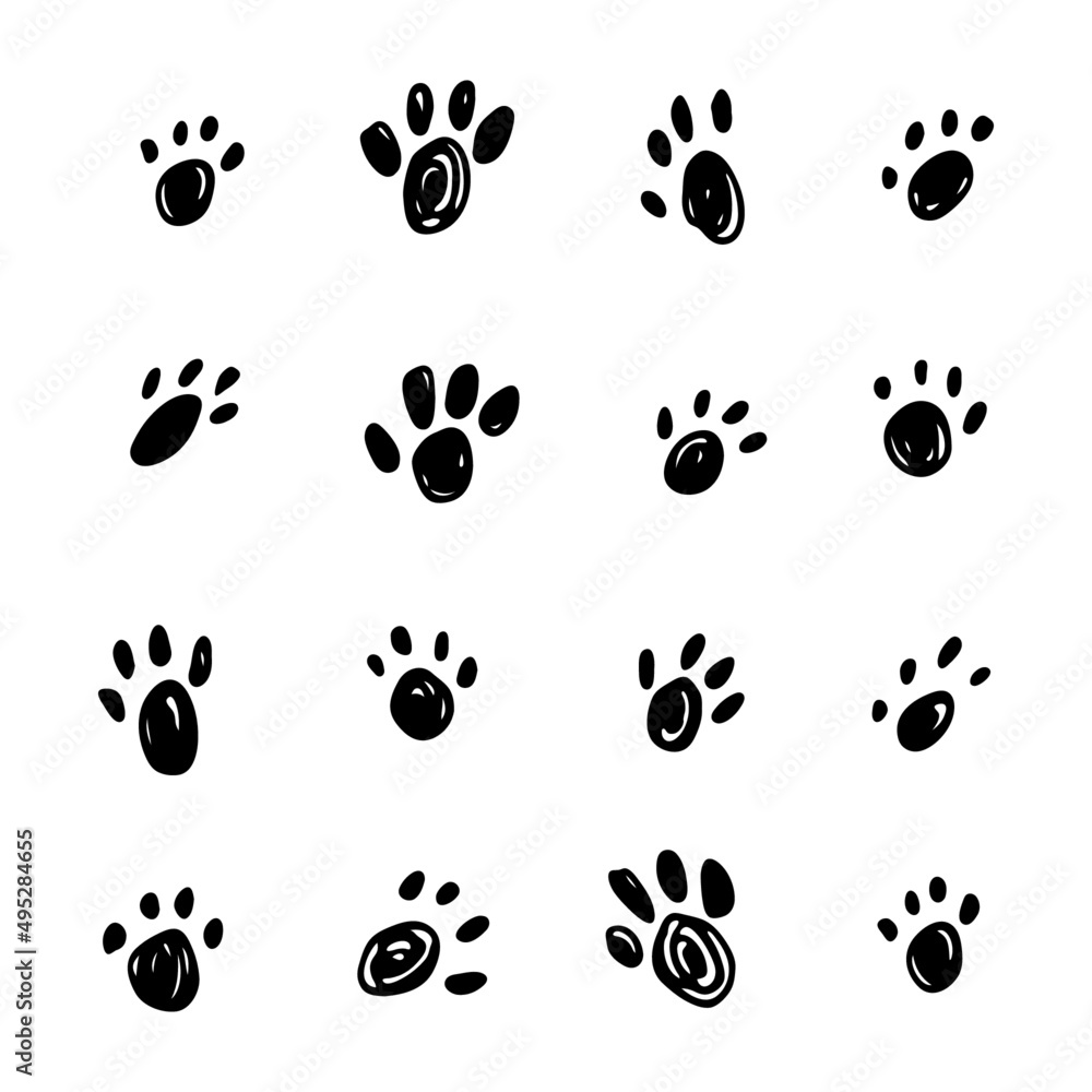 Fototapeta premium Set of pet's paws. Black and white, linear, hand drawn sketch