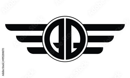 QQ two letter monogram type circle letter logo with wings vector logo design template.