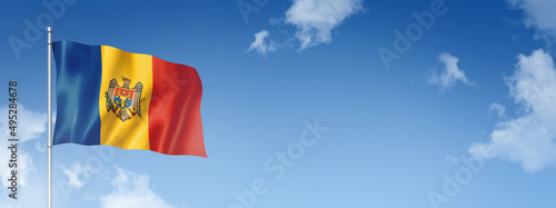 Moldova flag isolated on a blue sky. Horizontal banner