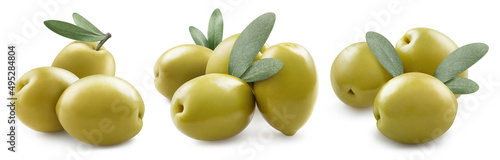Konstfotografi Set of delicious olives with leaves, isolated on white background